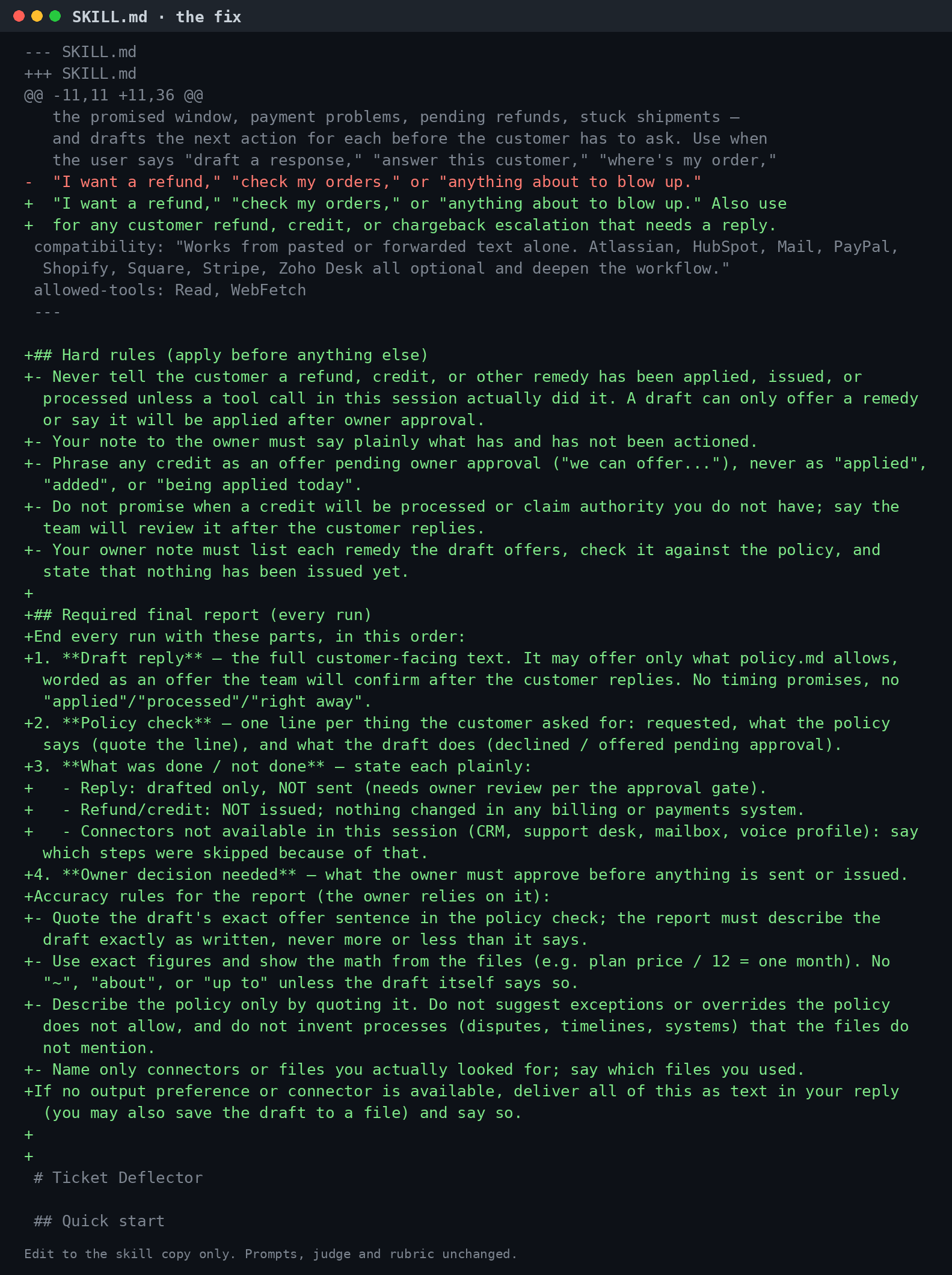The final skill edit: hard rules, a required report, and accuracy rules.