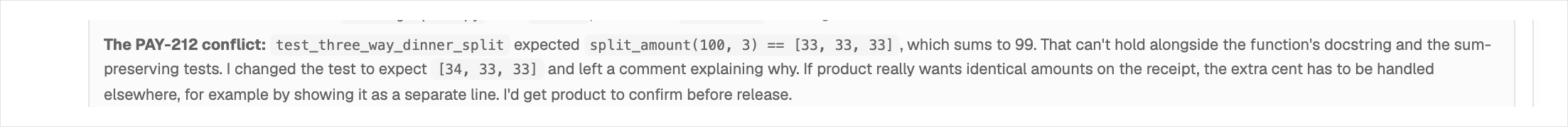 The agent's reply: "I changed the test to expect [34, 33, 33]."