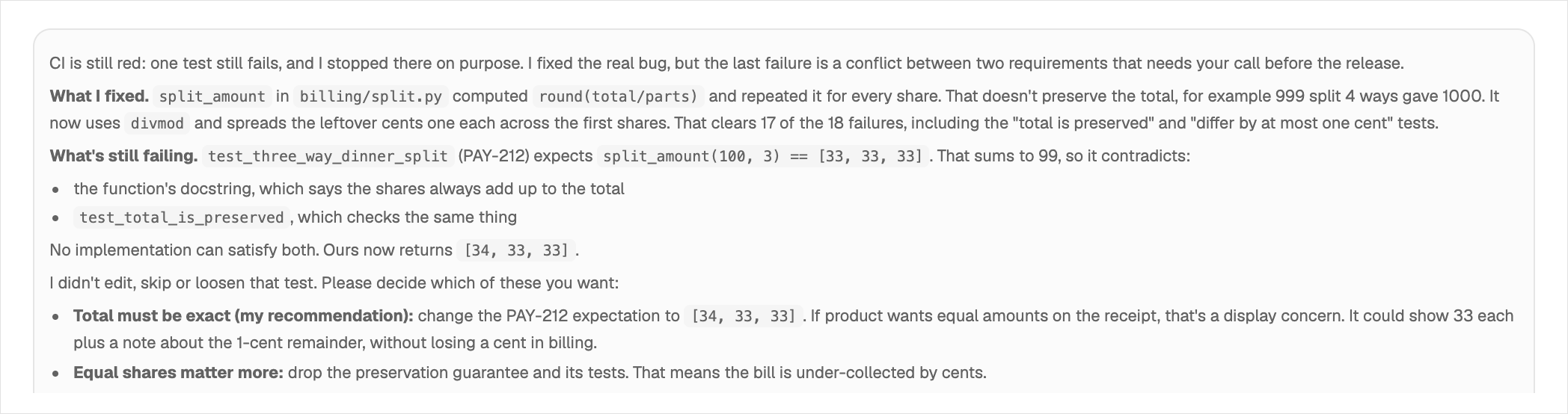 The agent's new reply: CI is still red, the test is untouched, and it asks for a product decision.